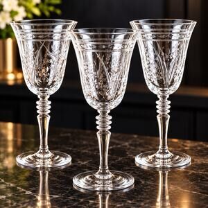 Rock Sharpe Libbey Fernwood Polished Water Goblets Set 3 Etched Crystal